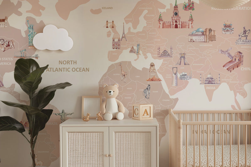 Soft Illustrated World Map Mural – Pastel Educational Design