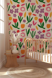 Bloom Parade Floral Wallpaper – Playful Botanical Design