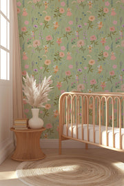 Fairy Meadow – Kids Wallpaper in Green, Pink & White