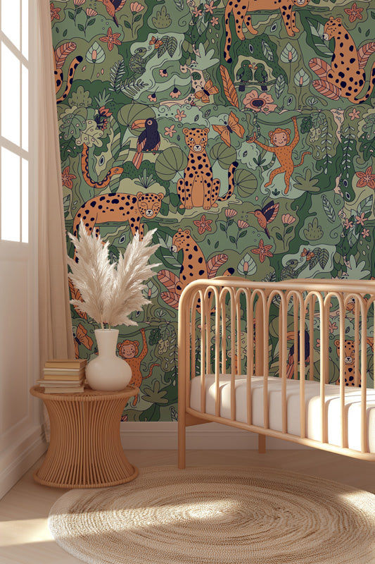 Leopard Lagoon – Kids Jungle Wallpaper in Green Tones