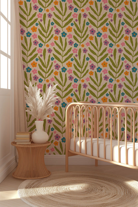 Folk Meadow Floral Wallpaper – Playful Botanical Design