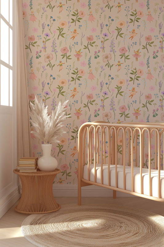 Fairy Meadow – Kids Wallpaper in Green, Pink & White