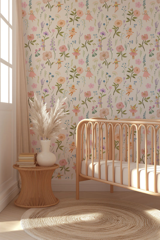 Fairy Meadow – Kids Wallpaper in Green, Pink & White
