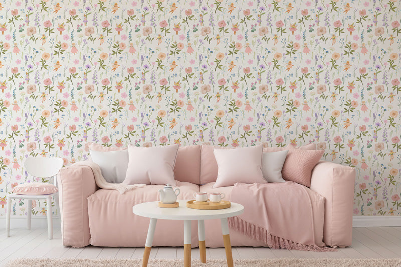 Fairy Meadow – Kids Wallpaper in Green, Pink & White