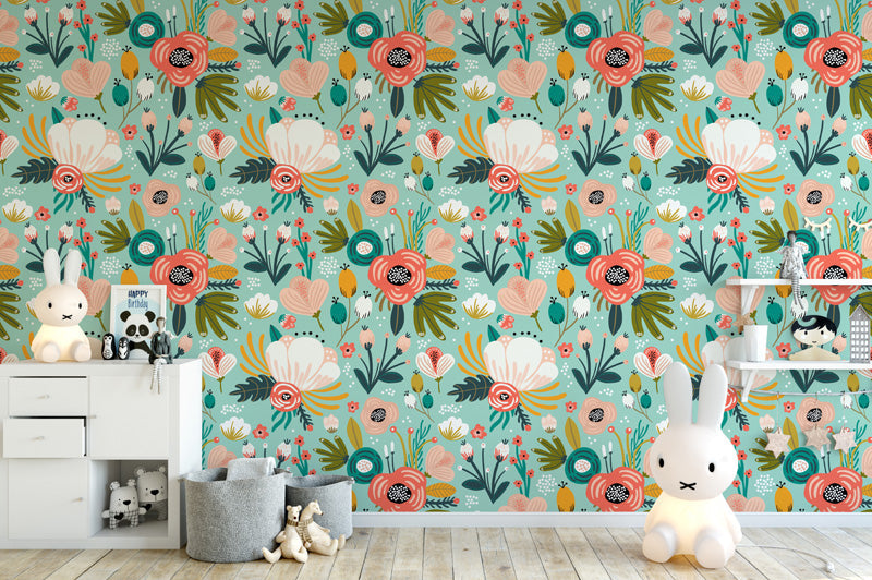 Floral Garden Folk Art Wallpaper