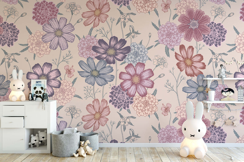 Children's room with floral wallpaper, toys, and a shelf.