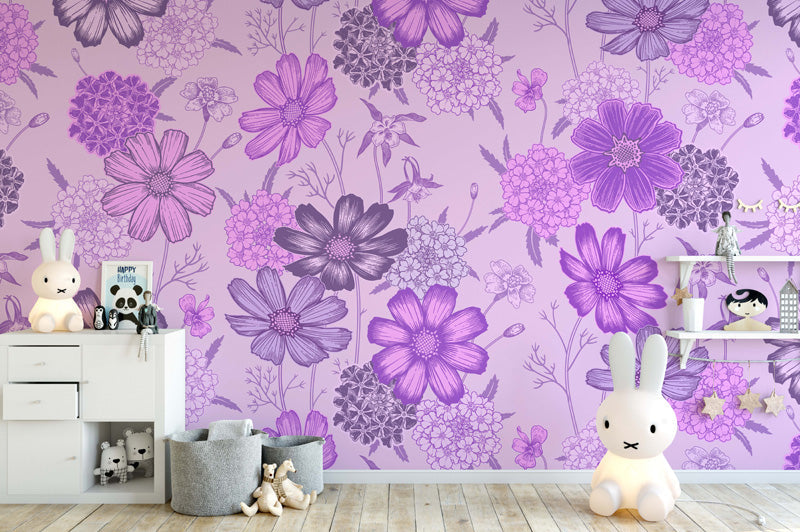 Children's room with purple floral wallpaper, toys, and a shelf.