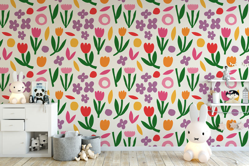 Bloom Parade Floral Wallpaper – Playful Botanical Design