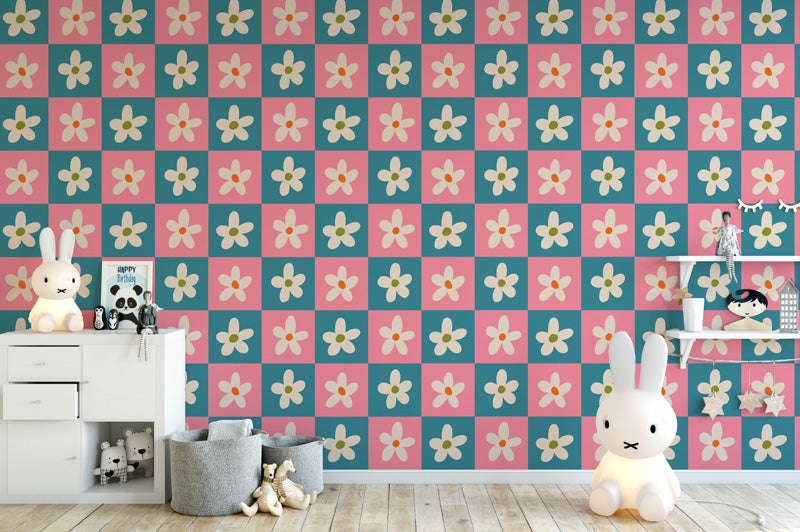 Flower Check Floral Wallpaper – Playful Geometric Design
