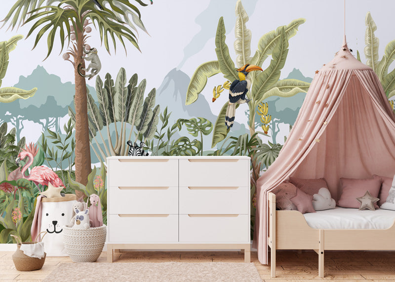 Children's room with a jungle wall mural, white dresser, and pink canopy bed.