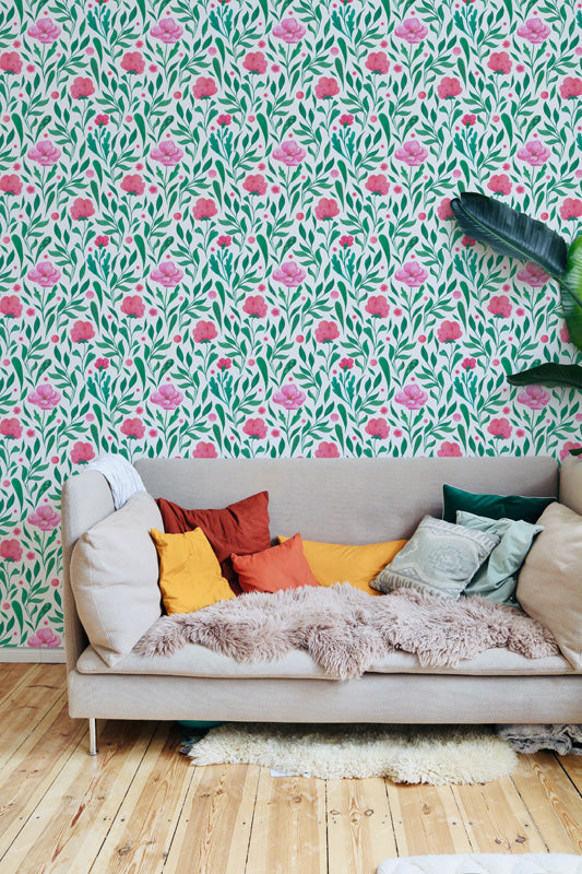 Garden Whispers – Floral Wallpaper in Green & Pink
