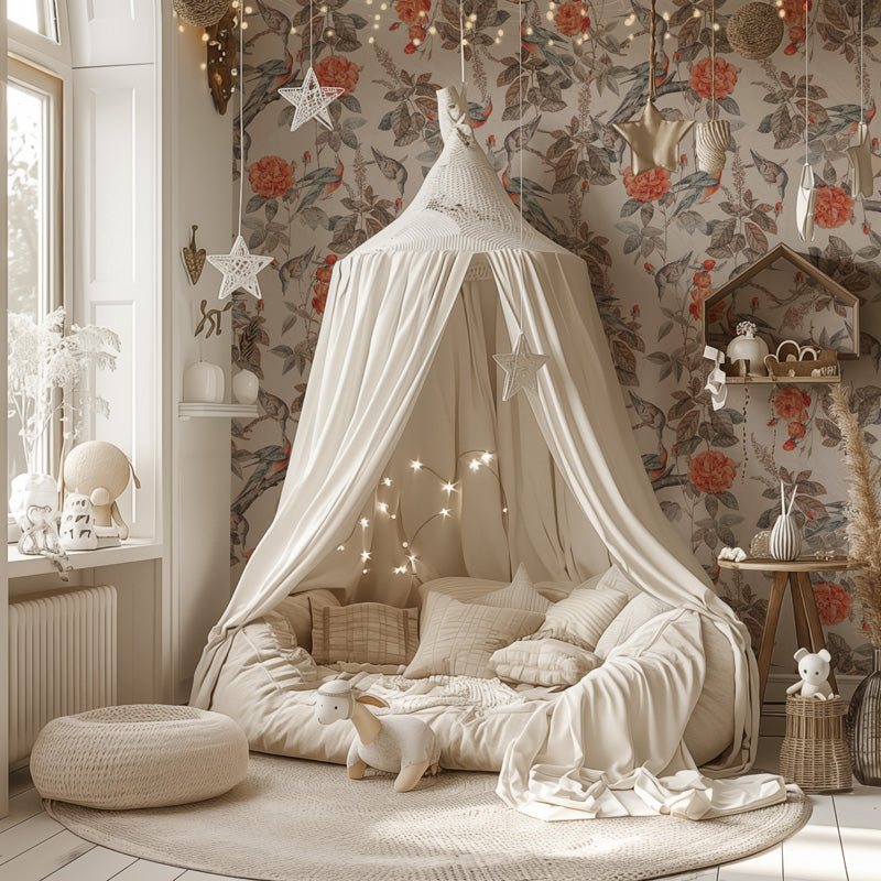 Children's bedroom with a canopy bed, decorative pillows, and fairy lights against floral wallpaper.