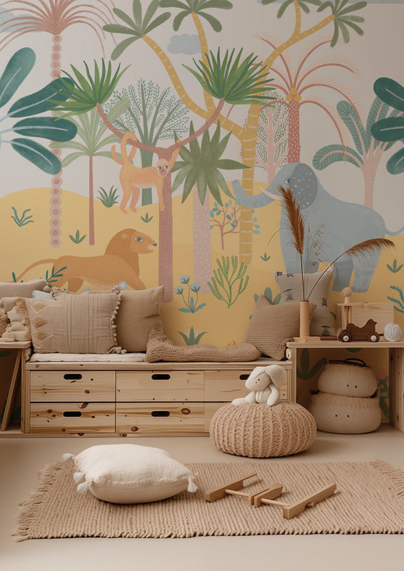 Savannah Dreams – Kids Jungle Mural in Blue & Yellow