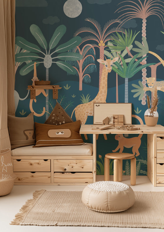 Savannah Dreams – Kids Jungle Mural in Blue & Yellow