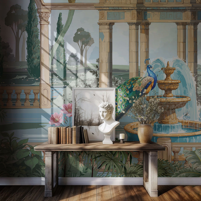 Decorative interior with a table, books, statue, and peacock against a classic mural.