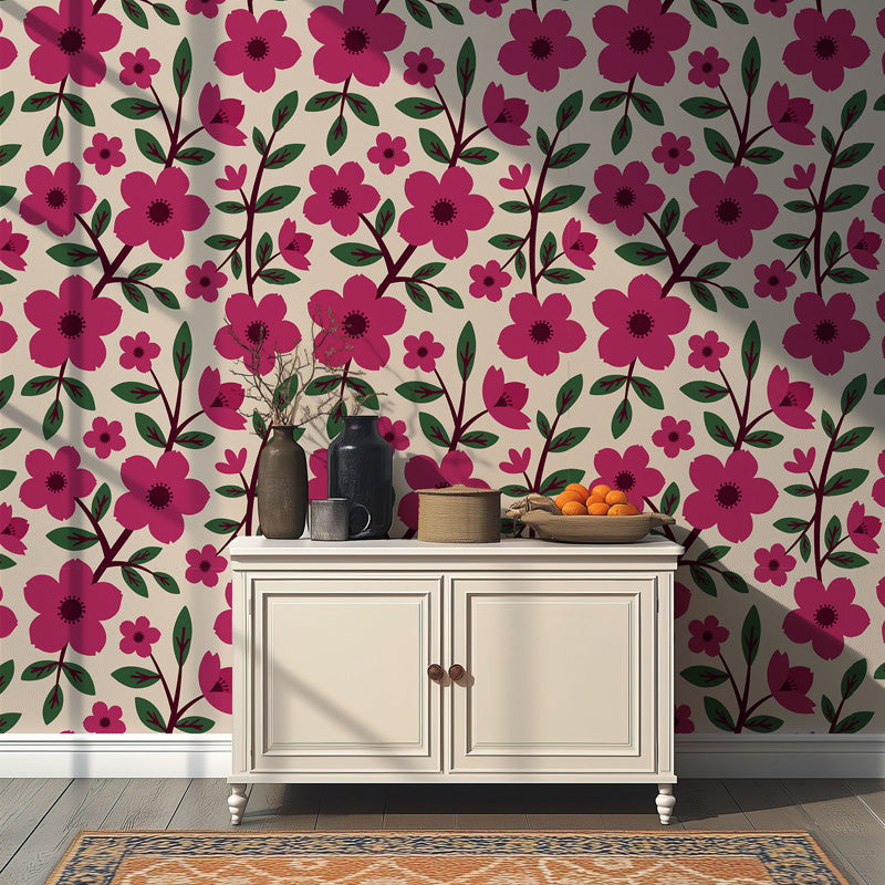 Rosewood Bloom Floral Wallpaper – Folk Botanical Design