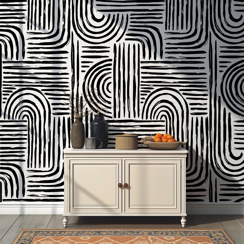 Arched Motion – Geometric Wallpaper in Black & Cream