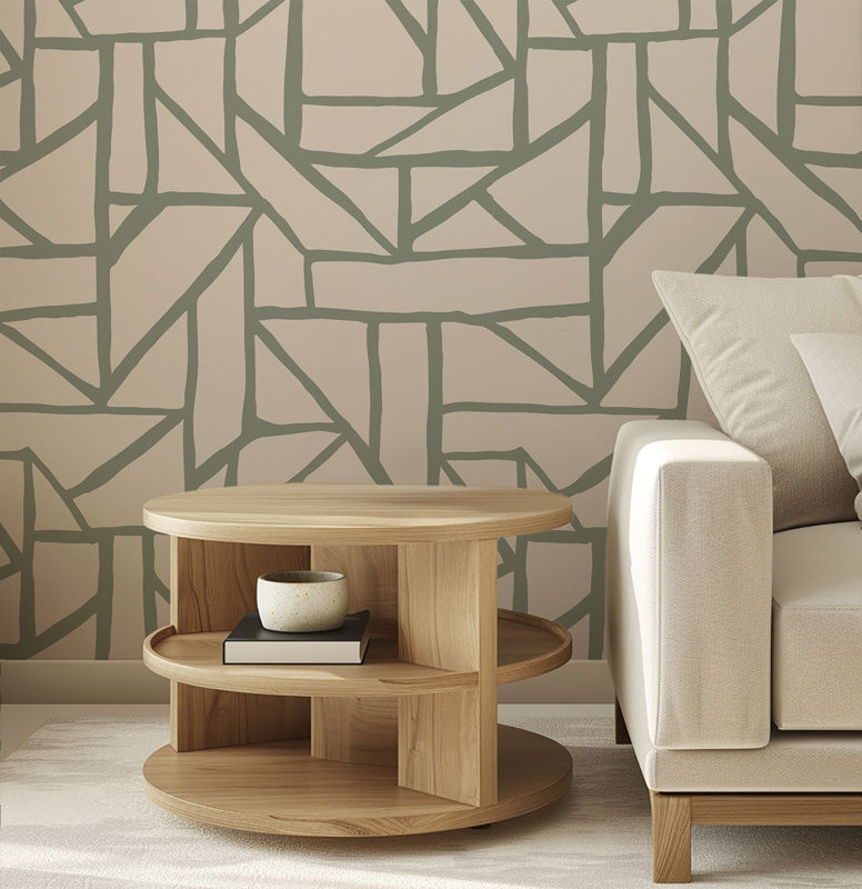Fragmented Pathways – Hand-Drawn Abstract Wallpaper in Monochrome or Soft Green