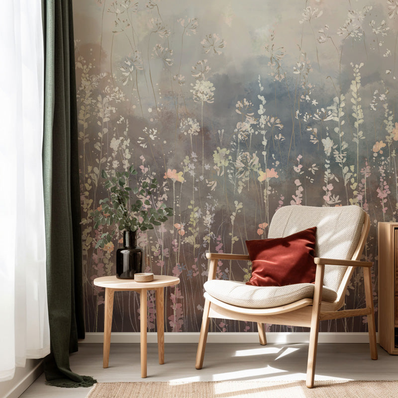 Cozy corner with a chair, small table, and floral wallpaper
