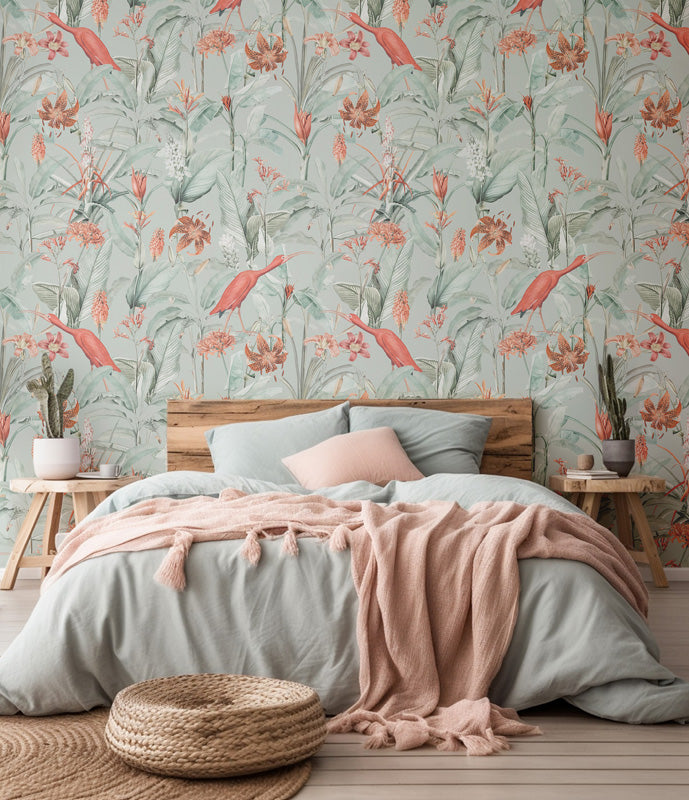 Bedroom with floral wallpaper, bed, and side tables.
