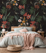 Bedroom with floral wallpaper and wooden bed frame