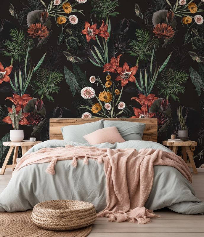 Bedroom with floral wallpaper and wooden bed frame