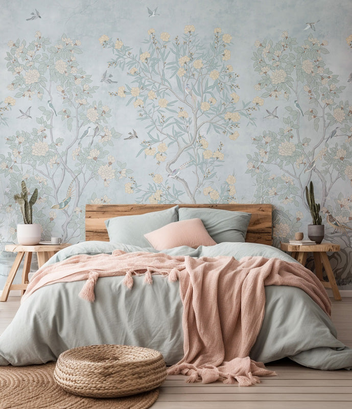 Bedroom with floral wallpaper, wooden bed, and pink blanket.
