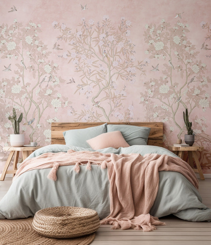 Bedroom with chinoiserie wallpaper, wooden bed, and pink and gray bedding.