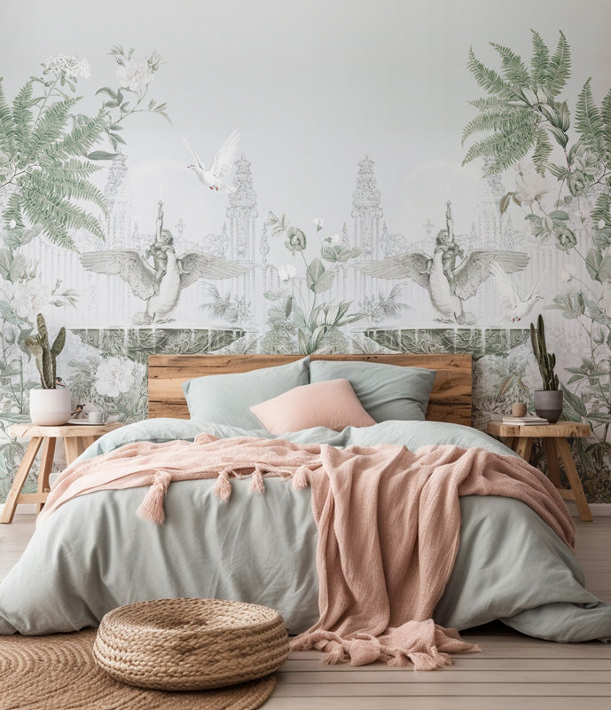 Bedroom with chinoiserie wallpaper, wooden headboard, and pink blanket.