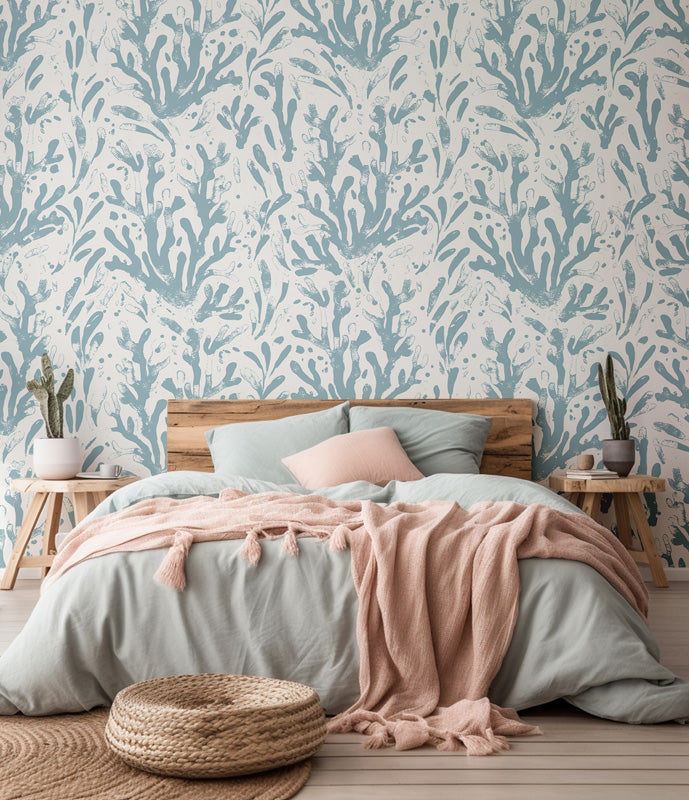 Bedroom with coral wallpaper, wooden bed, and pink blanket.