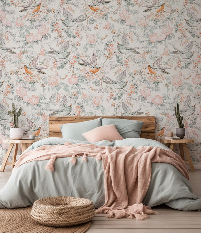 Bedroom with floral wallpaper, bed, and decorative items