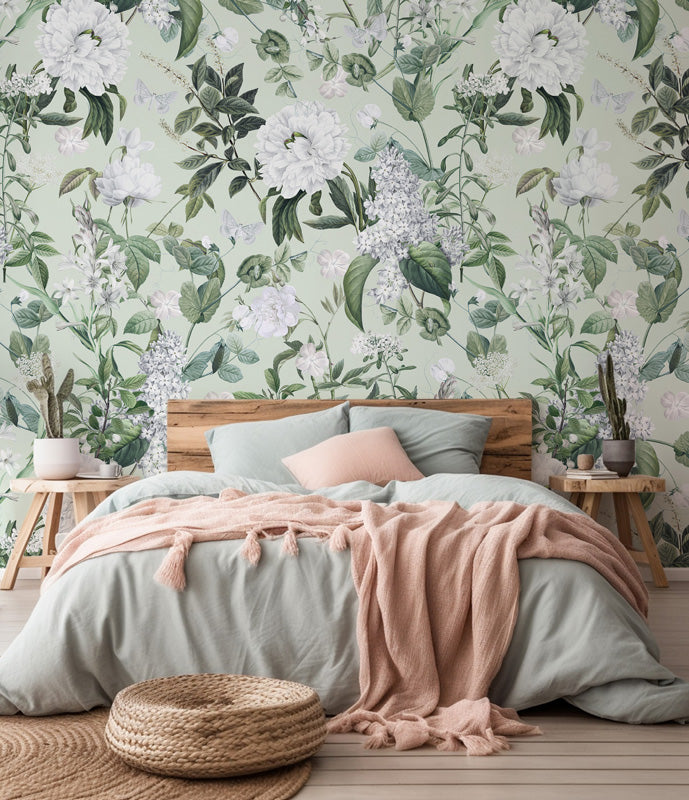 Bedroom with green floral wallpaper and wooden headboard