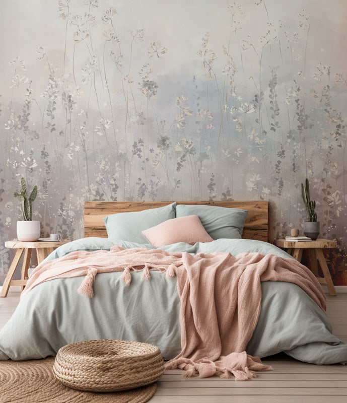 Bedroom with floral wallpaper, wooden headboard, and pink blanket.