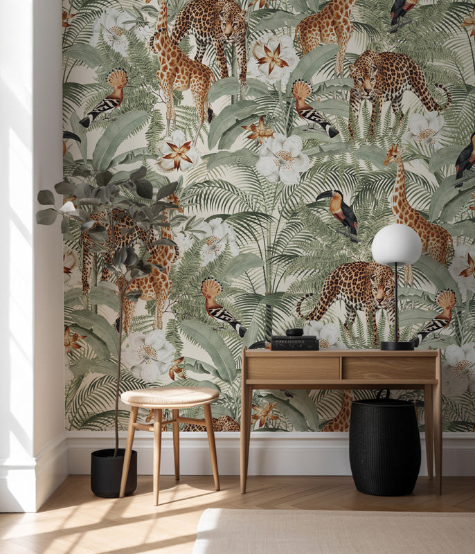 Savannah Reverie – Jungle Animals Wallpaper in Green & Neutrals