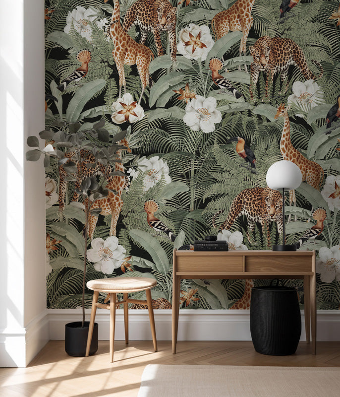 Savannah Reverie – Jungle Animals Wallpaper in Green & Neutrals