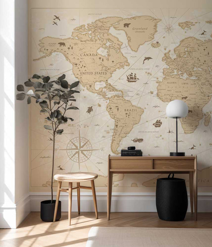 Vintage Explorer World Map – Mural in Antique Beige
