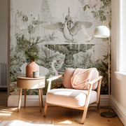Modern living room with a chinoiserie wall mural, armchair, side table, and floor lamp.