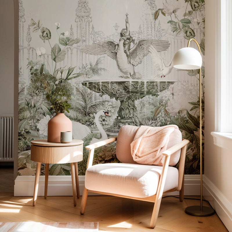 Modern living room with a chinoiserie wall mural, armchair, side table, and floor lamp.