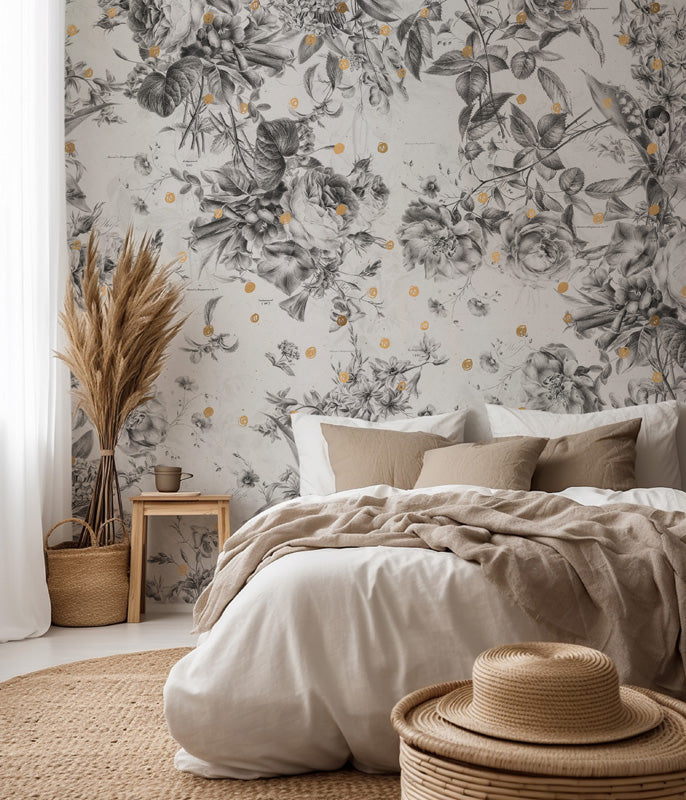 Bedroom with floral wallpaper, bed, and decorative items