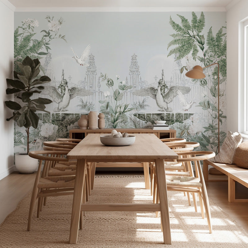 Dining room with wooden table and chairs, decorative wall mural, and plants.