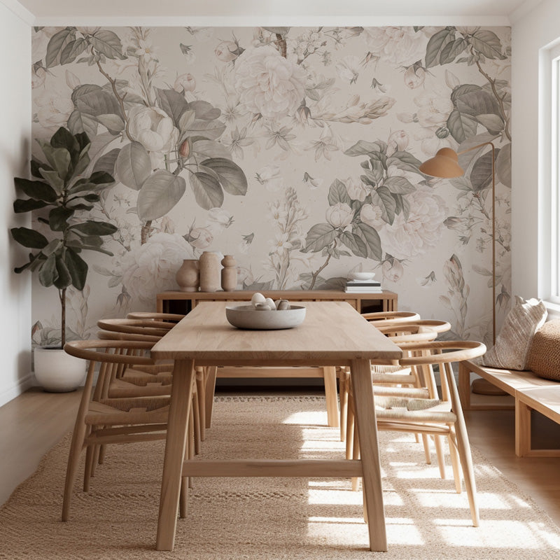 Dining room with wooden table and chairs against a floral wallpaper wall.