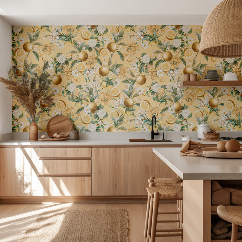 Kitchen with lemon wallpaper and wooden furniture