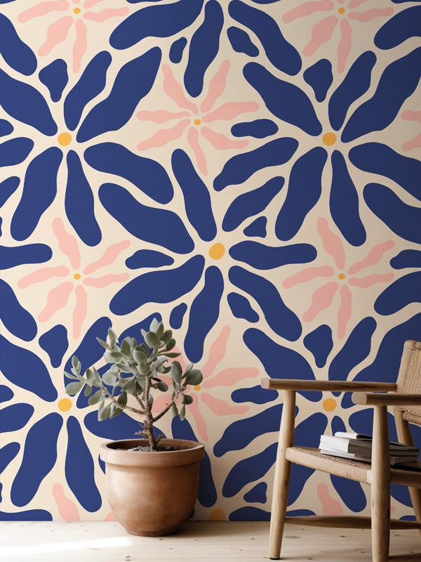 Midnight Bloom – Abstract Floral Wallpaper in Blue and Blush
