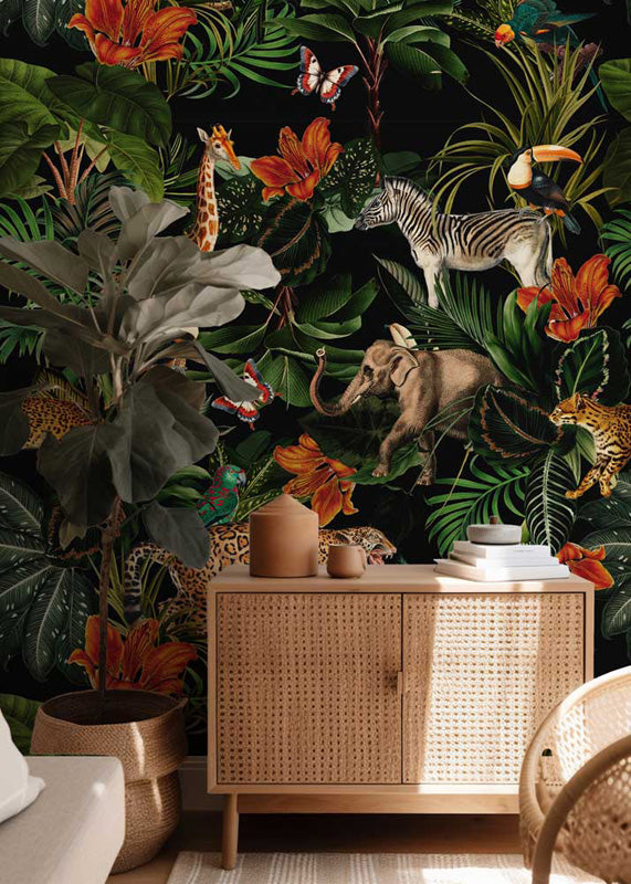 Jungle wallpaper with jungle animals and plants in a room with furniture.