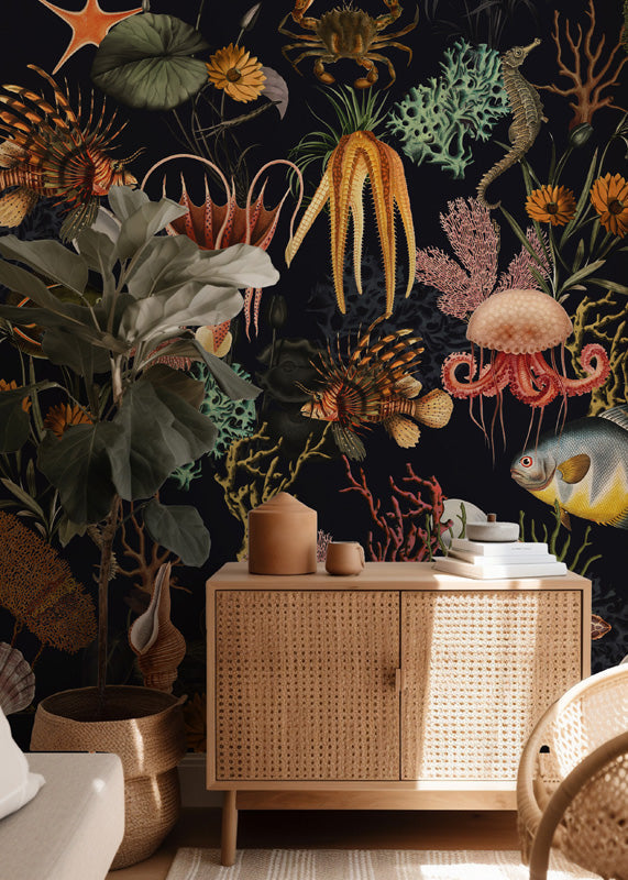 Coral Cabinet – Sea Creatures Wallpaper in Dark Tones