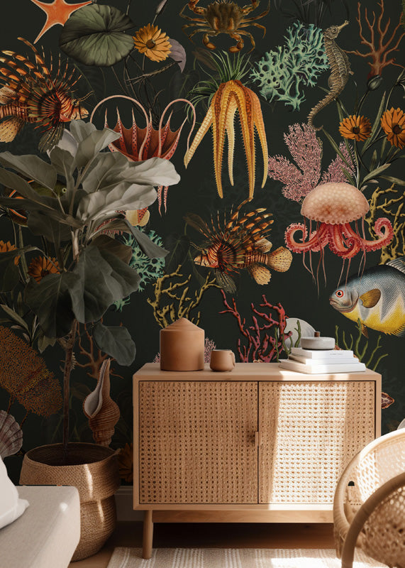 Coral Cabinet – Sea Creatures Wallpaper in Dark Tones