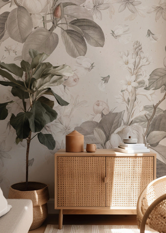 Room interior with floral wallpaper, wooden cabinet, and decorative items.