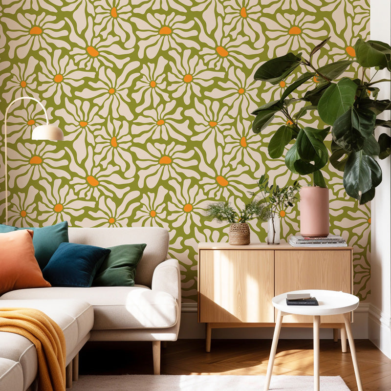 Retro Daisy Wave Floral Wallpaper – Bold Botanical Design