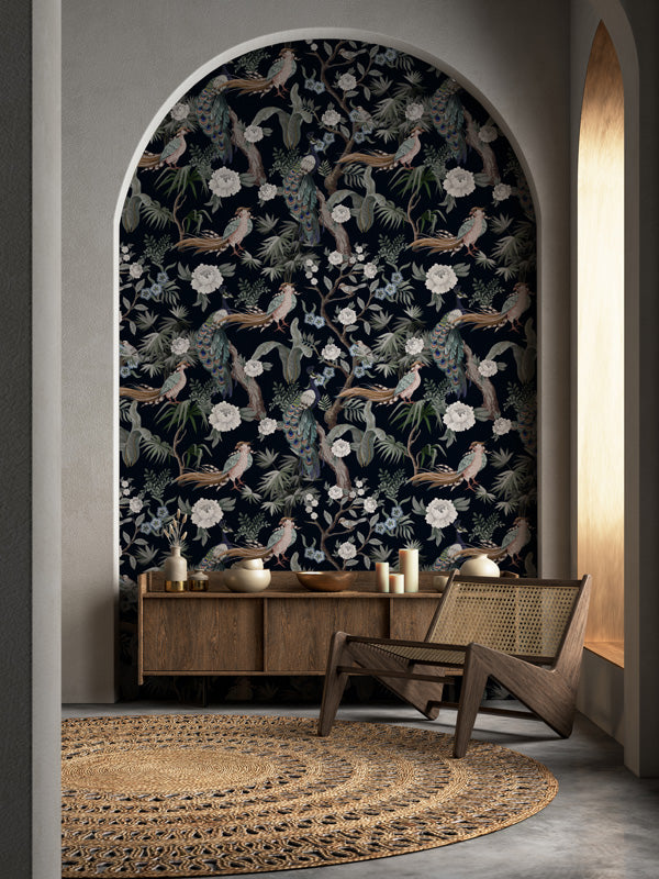 Midnight Peacock Pavilion – Wallpaper in Dark Jewel Tones