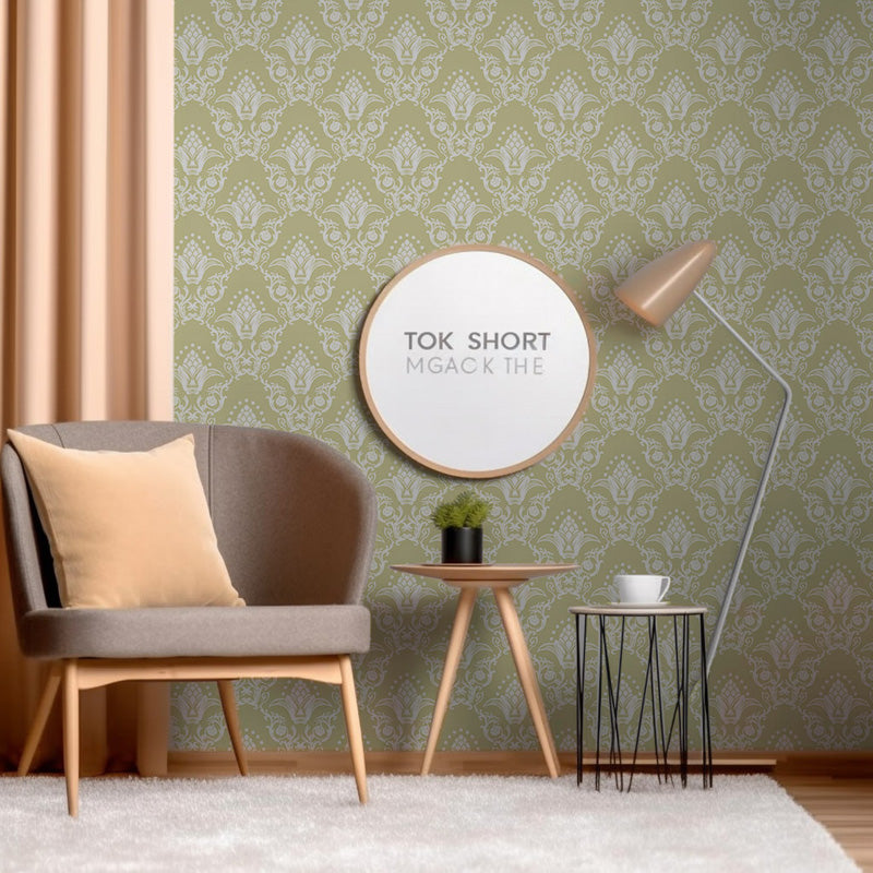 Modern living room with a chair, round mirror, and yellow wallpaper.